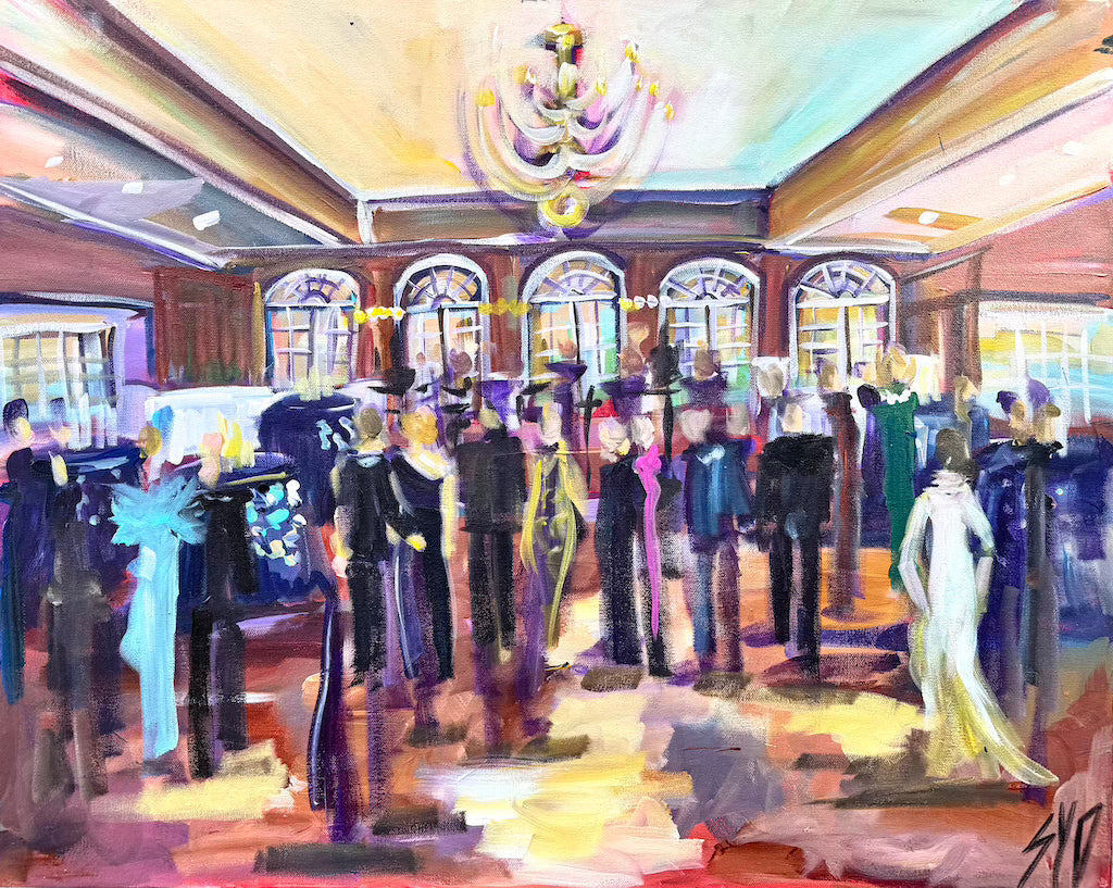 Artistic depiction of a formal event with people in evening attire in a grand hall.