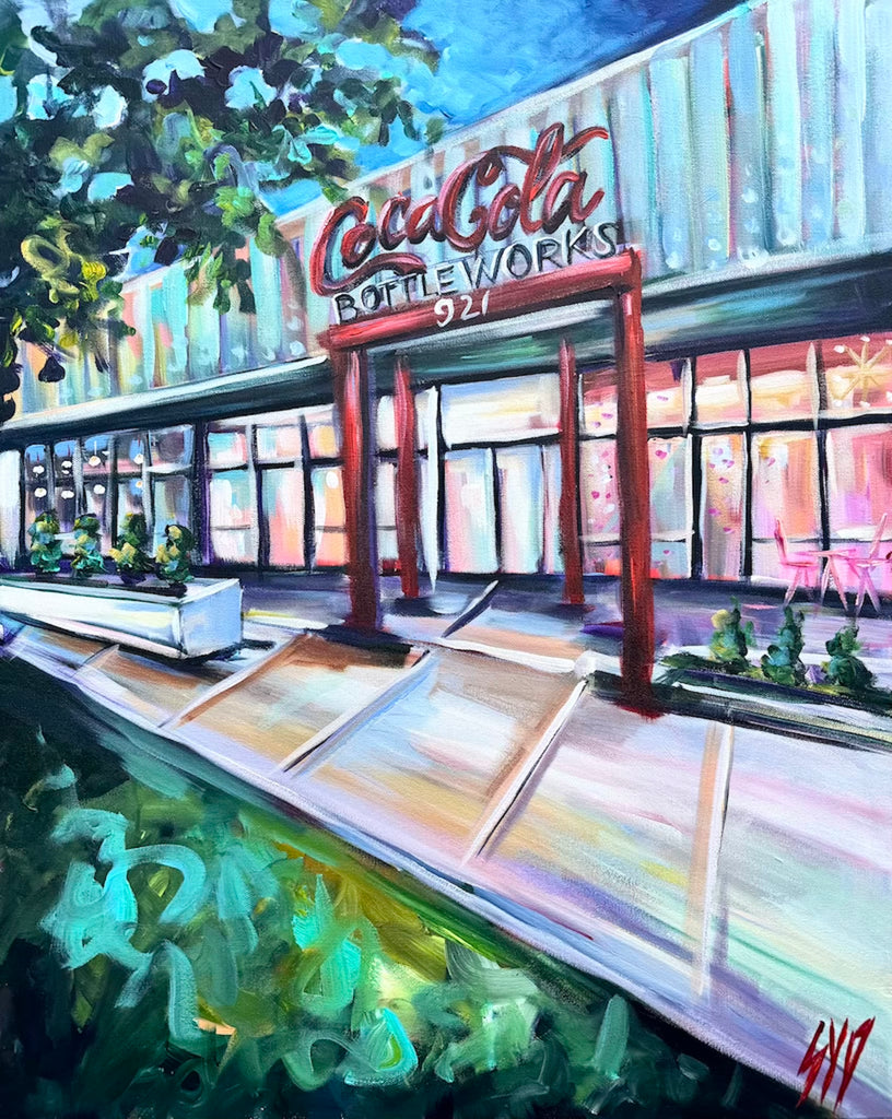 Painting of a Coca-Cola Bottleworks with a sign and building facade.