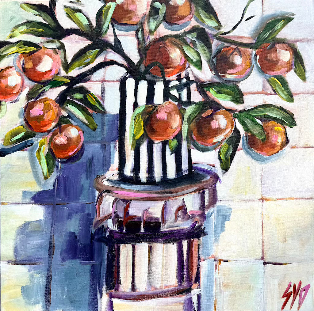 Painting of a black and white striped cake with oranges on a tree branch.