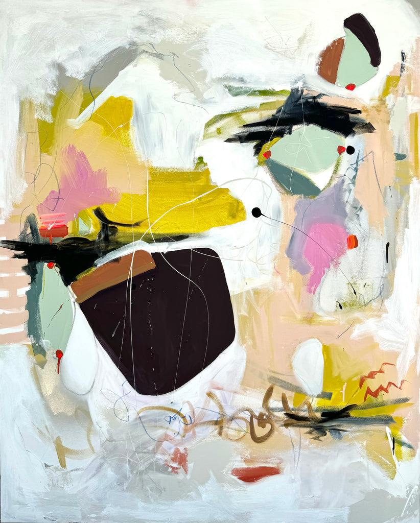 Abstract art with colorful shapes and brush strokes on a white background